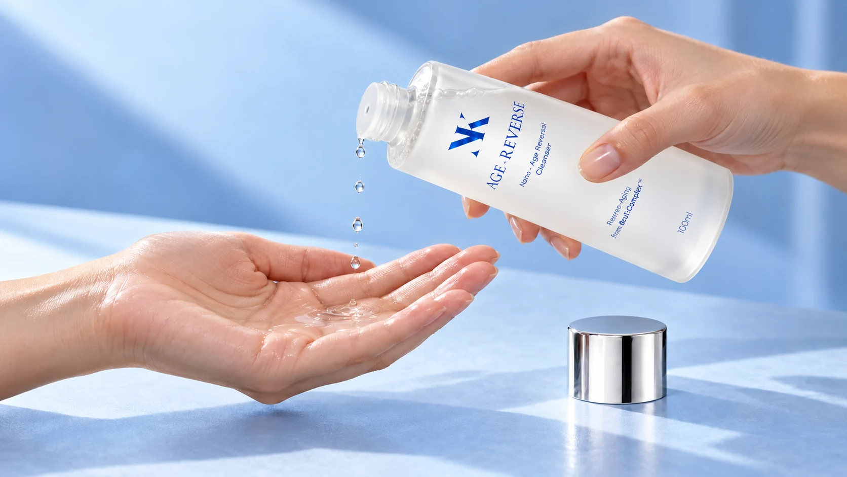Menitiskan cleanser melalui lubang kecil penutup dalaman ke tapak tangan